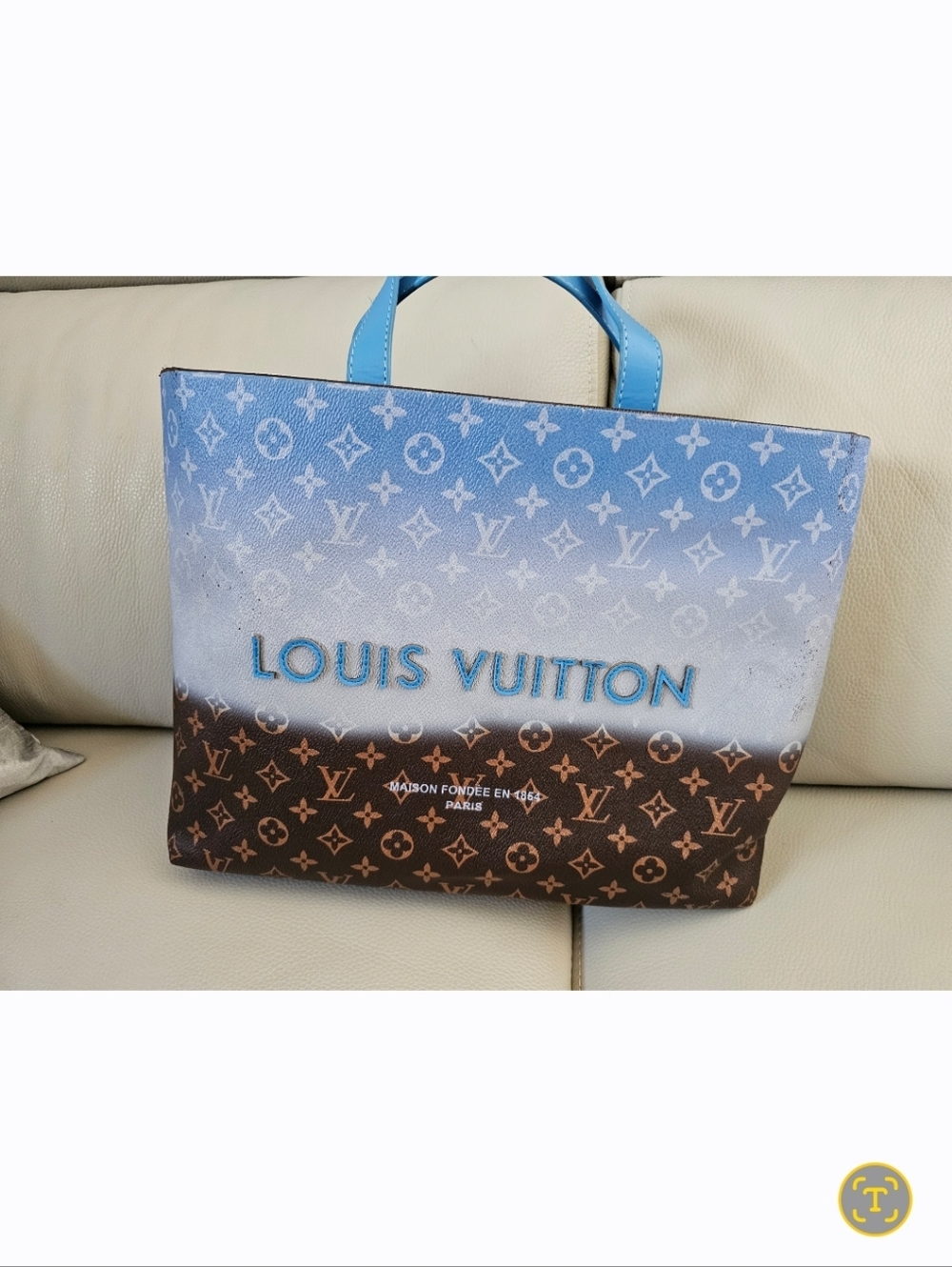 Blue Gradient Monogram Tote with Brown Base.Damaged On Sides.